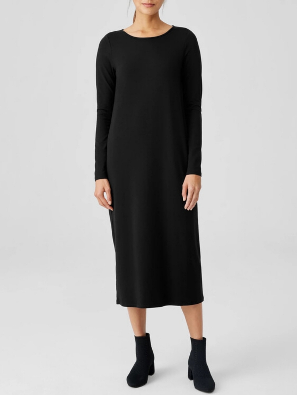 Eileen Fisher Black Jersey Knit Shift Dress Size Medium Long Sleeve Minimalist